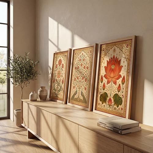 Image of NoWorries Lotus Peacock Wall Art Set of 3 Framed Prints | Indian Traditional Floral Botanical Painting, Royal Rajasthani Lotus Poster, Vintage Ethnic Wall Decor for Living Room Bedroom Home (Synthetic Engineered Wooden Frame) (Synthetic Engineered Wooden Frame) (MIN -9, 13x17 inches)