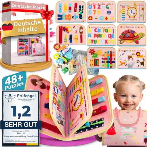 Mallie&reg; Busy Board Deutsch inkl. Gratis Reisetasche & Montessori Buch und Perfekt f&uuml;r Reisen im Auto, Zug oder Flugzeug I100% BPA-Frei als Quiet Book & Busy Book I Activity Board Busy Book