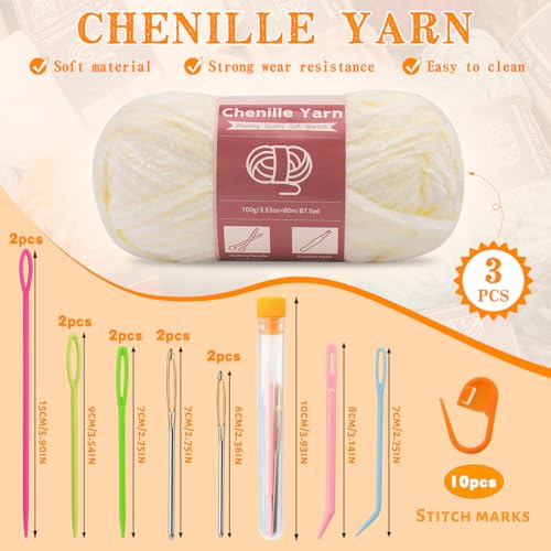 Image of LUNARM Chenille Yarn 3 Pack 3.5oz Chunky Blanket Velvet Yarn 263 Yard | Beige Chunky Chenille Yarn for Beginners Crocheting Hand Knitting Scarves with Big Eye Needles Machine Washable