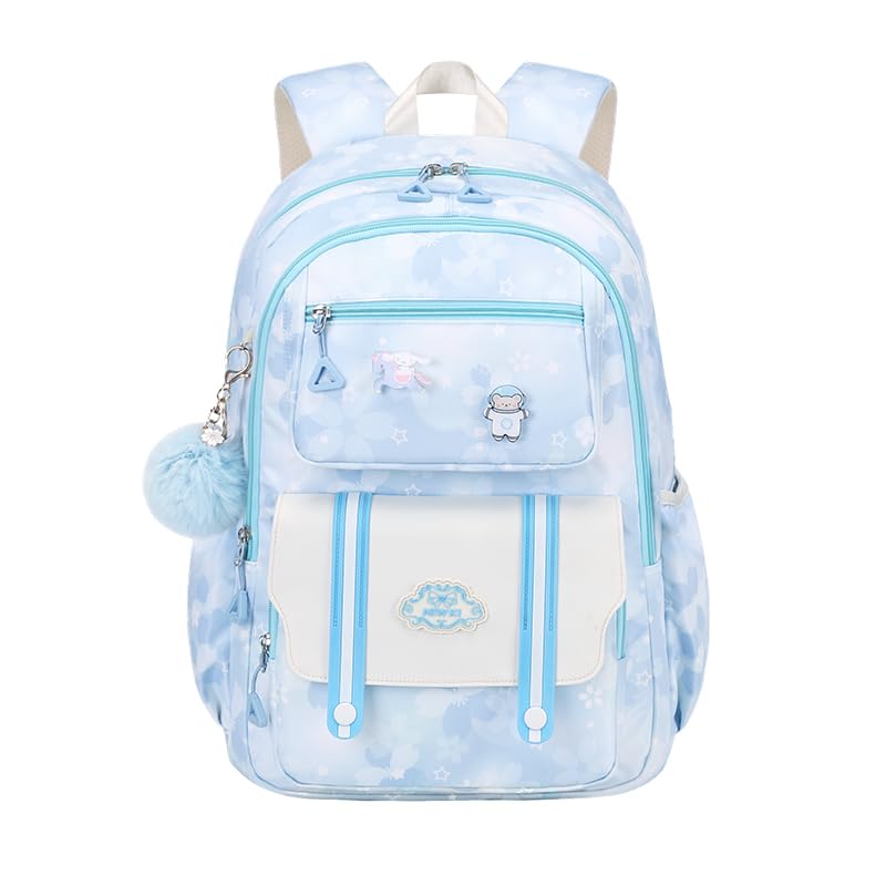 quvup Girl backpack,Kids Backpack for Girl Kawaii Lightweight School Backpack Anti-theft Back Pocket Print Flowers Elementary Bookbag(Blue)