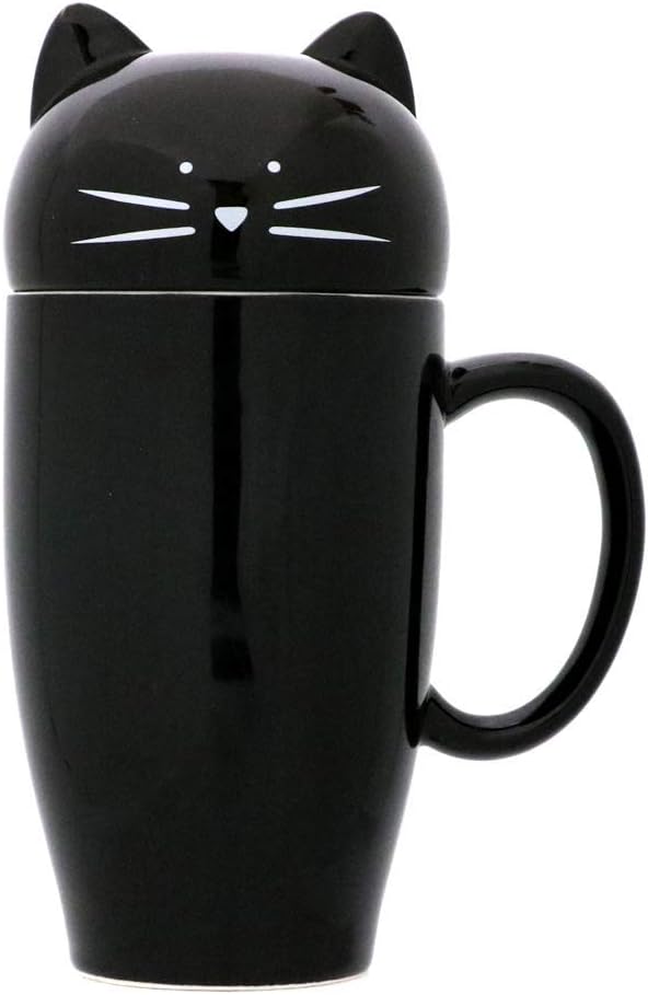 Koolkatkoo Cute Cat Coffee Mug with Lid Gift for Cat Lover Unique Ceramic Cup Porcelain Tea Mugs for Girls Women 15 oz Black