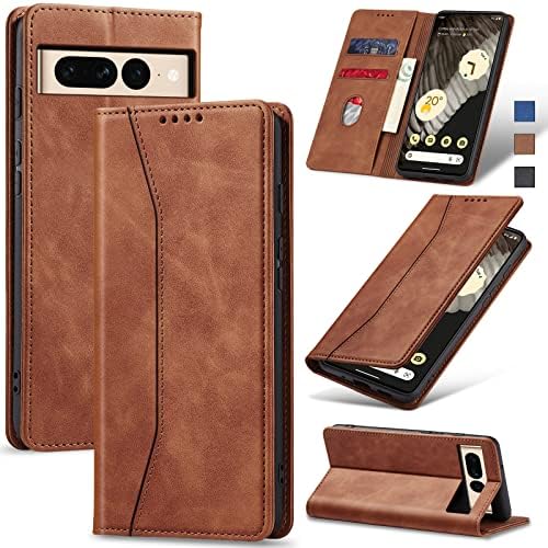Jasonyu Skal för Google Pixel 7 Pro, Premium Läder Vikbart Skyddande Fodral [Hölster, Magnetisk, kortfack, stativfunktion] Wallet Leather Case Cover för Pixel 7 Pro (Brun)