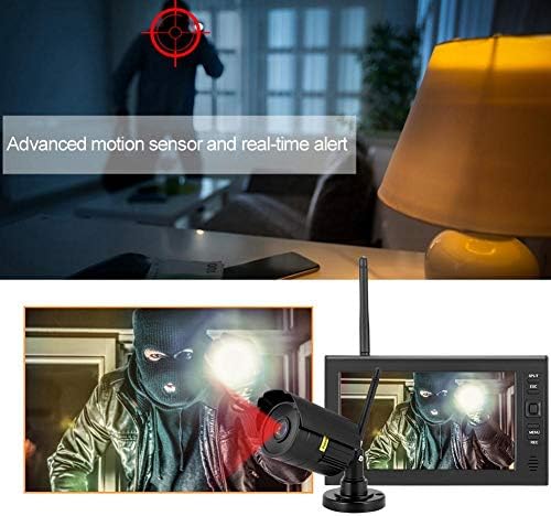 Sonew security camera detecting motion with a red target reticle, showing a person in a balaclava on the monitor.