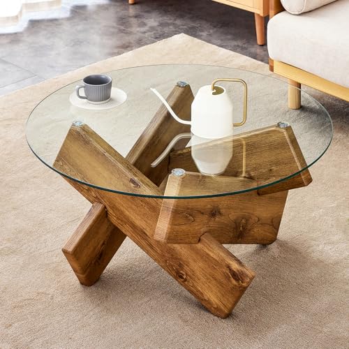 Ganooly Mid Century Modern Round Coffee Table with Glass Top and Wood-Looking Finish Base, 33.4 Inch Circle Farmhouse Coffee Table for Living Room Apartment Small Space