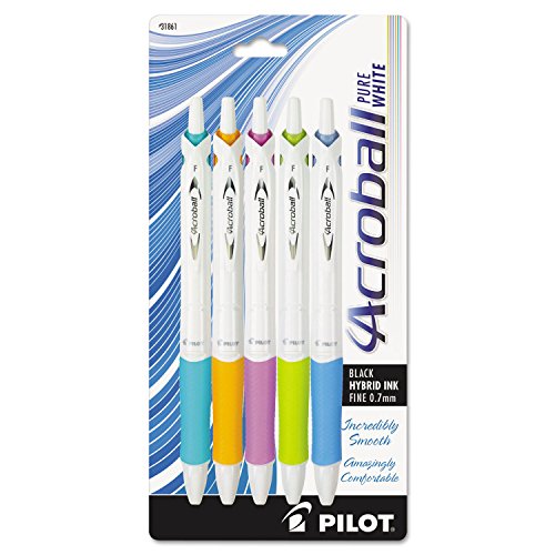 Pilot Acroball PureWhite Pen, 0.7 mm, Black Ink, Turquoise/Orange/Purple/Lime/Blue, 5/Pack (PIL31861)
