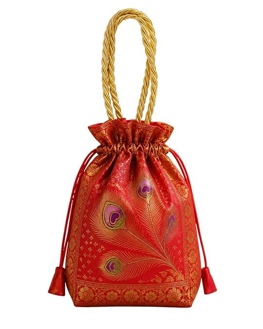 Traditional Brocade Potli Bag for Women | Peacock Feather Design Drawstring Handbag | Ethnic Wedding Potli Purse with Golden Handle | Bridal Clutch for Party, Festive & Gift Use | Red-picture-32