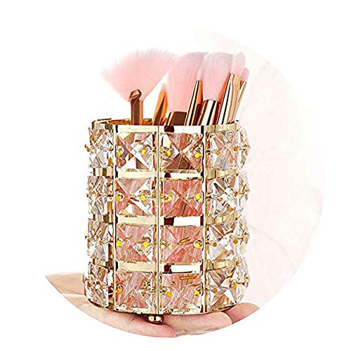 Pahdecor Handcrafted Crystal Rotating Makeup Brush Holder Eyebrow Pencil Pen Cup Collection Cosmetic Storage Organizer Vanity,Bathroom,Bedroom,Office Desk (Gold)