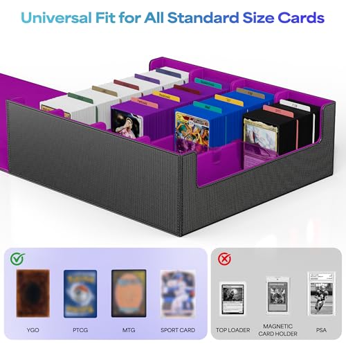Image of UAONO Trading Card Storage Box, Holds 2400 Sleeved Cards with 24 Dividers & 4 Stoppers, Magnetic Closure PU Leather Card Case for MTG, PTCG, YGO, Sports Cards (Black&Purple)