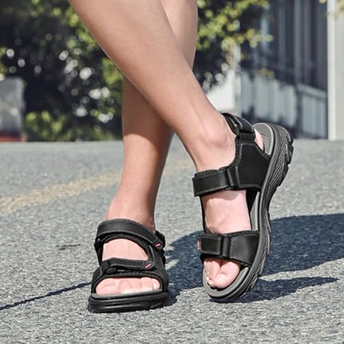 MILDSEVEN Men's Open-Toe Real Leather Sandals, Fashion Sports Hiking Sandals, Hollow Out Backpacking Beach Shoes,8.5,Black4