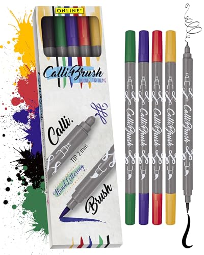 Online Calli.Brus, Juego de 5 rotuladores para escritura a mano, juego de caligrafía, pluma con punta de caligrafía y punta de pincel para bullet Journaling, acuarelas, color classic