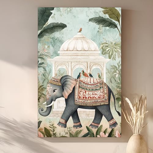 Image of PAINTINGMANTRA Abstract Stretched Canvas Multicolor Wall Art Painting Elephant and Mughal Garden Classic Indian Beautiful Wall Decor in Green, Blue and White for Living Room, Bedroom - 22x34 Inch
