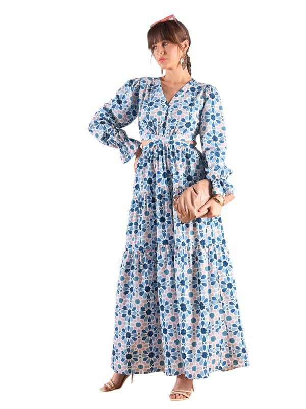 Image of SASSAFRAS Teal Blue Geometric Print Waist Cut Out Maxi Dress-L