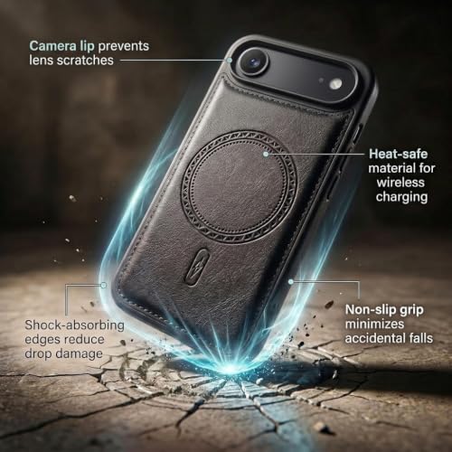 Image of amazon basics Premium PU Leather Case for iPhone 17 Air, MagSafe Compatible Magnetic Ring, Sleek Protective Back Cover - [Black]