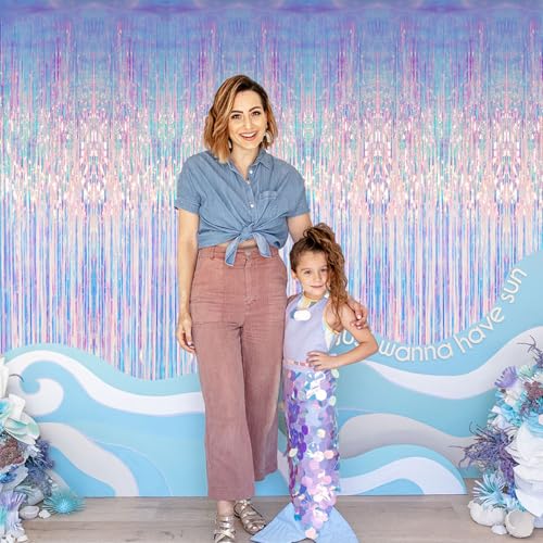 Image of GOER 3.2 ft x 6.5 ft Metallic Tinsel Foil Fringe Curtains Party Photo Backdrop Party Streamers for Mermaid Birthday Party Decorations(2 Packs,Iridescent)