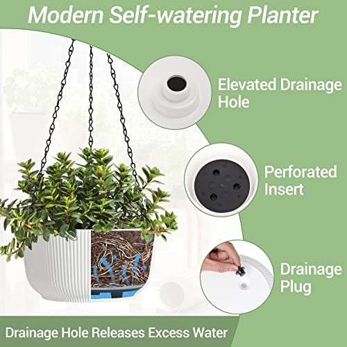 T4U Hanging Planter Self Watering 8 Inch, 2 Pack White Indoor Outdoor Hanging Plant Basket, Hanging Flower Pot With Drainage Hole & Plug & Chain With 3 Hooks For Garden Home Decor #TOP2