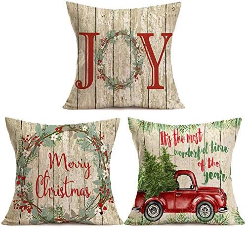 Retro Wood Grain Merry Christmas Quote with Flower Wreath Pattern Cotton Linen Square Throw Pillow Covers Xmas Red Truck Tree Decorative Throw Pillow Case Cushion Cover for Sofa Couch (3Set Xmas Wood)