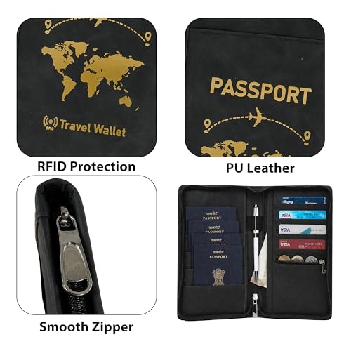 Image of Storite RFID Blocking PU Leather Travel Passport Holder, Black | Cover Case, Travel Wallet, Document Organiser, Removable Hand Strap, For Men & Women