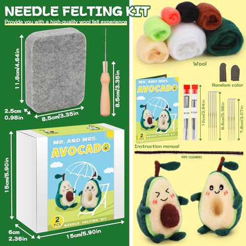 Image of OEHPICC Avocado Needle Felting Kit, 2 Pcs Avocado Needle Felting Kits for Adults, with Basic Needle Felting Supplies, Felt Pad, Felting Needles and Instructions for DIY Wool Crafts