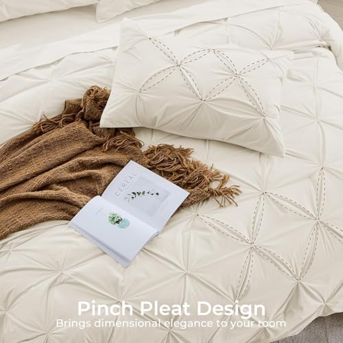 Image of Sasttie Full Size Comforter Set, 7-Piece Bed in a Bag Double, Pintuck Bedding Set for All Season, Includes Comforter, Flat Sheet, Fitted Sheet, Pillowcases and Pillowshams, Beige
