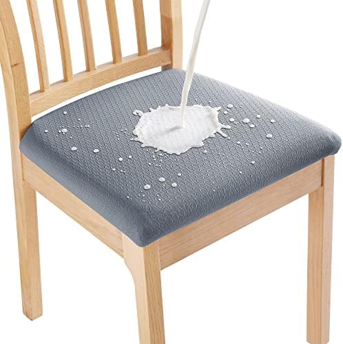 smiry Waterproof Seat Covers for Dining Room Chairs, 6 Pack Stretch Jacquard Kitchen Dining Chair Seat Cover Protectors with Hooks, Grey