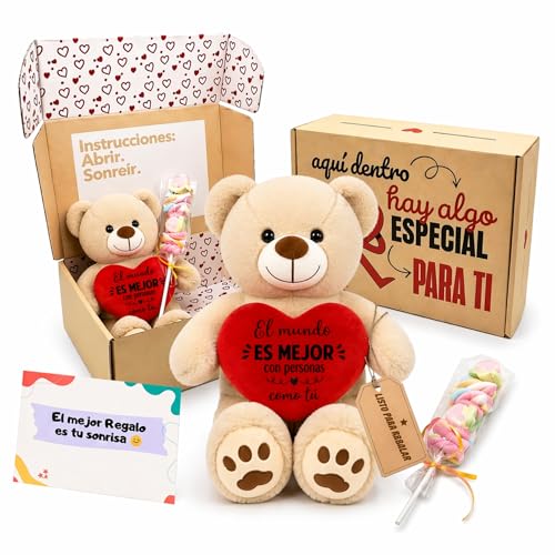 Peluchilandia Regalos Originales para Mujer y Amigas   Osito de Peluche con Mensaje Corazón en Caja Regalo   Detalle para Cumpleaños, Enamorados o Día de la Madre (BEIG)