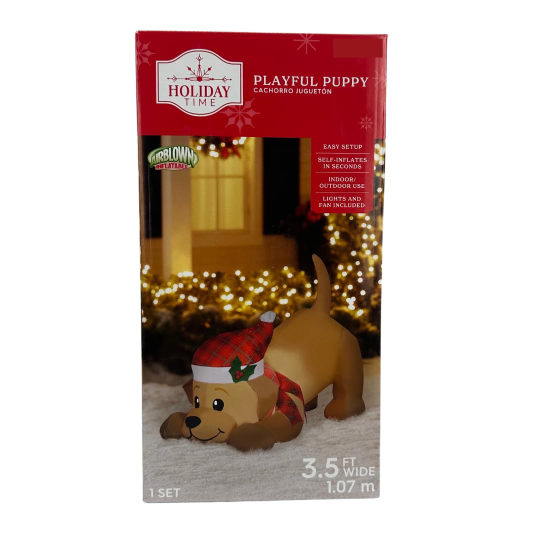 Décor De Noël Gonflable Gemmy - Chien Tirant Le Père Noël - 7 Pieds Lumineux