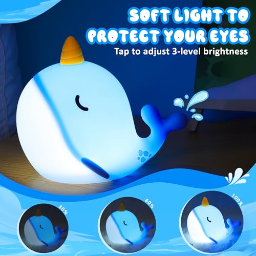 Image of Ammonite Blue Narwhal Night Light, Soft Silicone Whale Nursery Lamp with 3 Dimming Levels and 30-Minute Timer, Touch Control Nightlight for Bedroom Decor, Christmas Birthday Gift