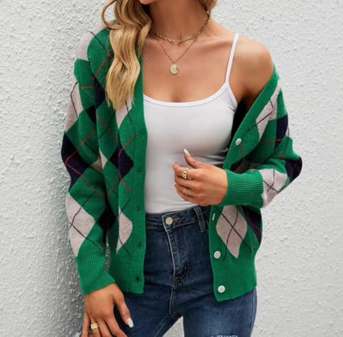 Image of Women's Long Sleeve Cardigan Sweater,Cute Y2K Top Knit Colorful Patterned V Neck Button Outwear S~XL