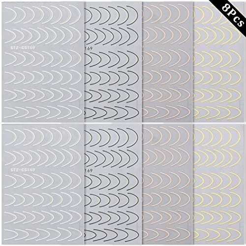 French Line Nail Art Stickers Decals Nail Decorations 8 Sheets Exquisite Noble Gold Silver Black Rose Gold U-Shaped Line Stripe Tape Nail Designs For Women Girls (U-Shaped) #TOP1