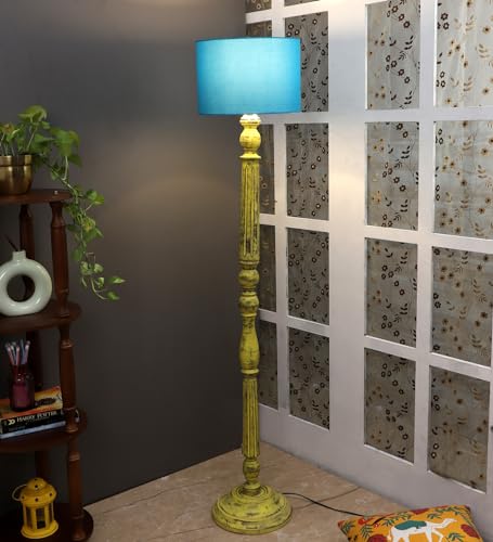 Image of tu casa Mango Wooden Floor Lamps with Aqua Shade for Home Decor, Bedrooms Corner, Living Room, Gifting, Diwali Decoration, Hall, Office, Study Room (Height: - 56 inch) - Bulb not Included