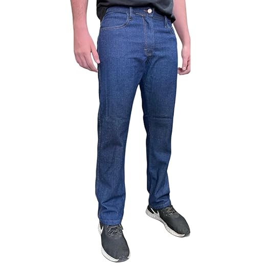 Calça Jeans Masculina Tradicional com Elastano, Azul, Corte Reto, 5 Bolsos Reforçada Trabalho Uniforme Basica Casual
