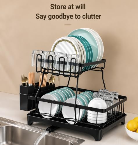 Image of HomeCloud 2-Tier Kitchen Dish Drying Rack & Drainer | Large Capacity Dish Stand with 360 Flexible Drainage System, Removable Drip Tray, Cutlery Holder & Cup Organizer for Countertop (Black)