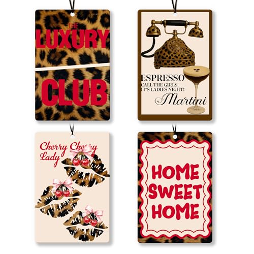 Image of Trendy Retro Leopard Car Air Freshener 4Pcs, Fashion Cheetah Luxury Club Preppy Air Freshener for Car Interior Closet Drawer Books, Home Sweet Home Girly Car Mirror Decor Hanging