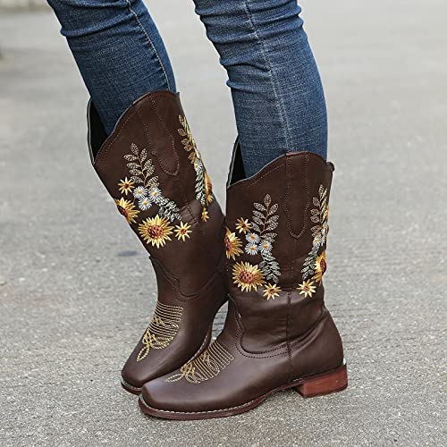 ZBYY Cowboy Boots for Women Pointy Toe Low Chunky Heel Cowgirl Boots Winter Sunflower Embroidered Knee High Western Boots4