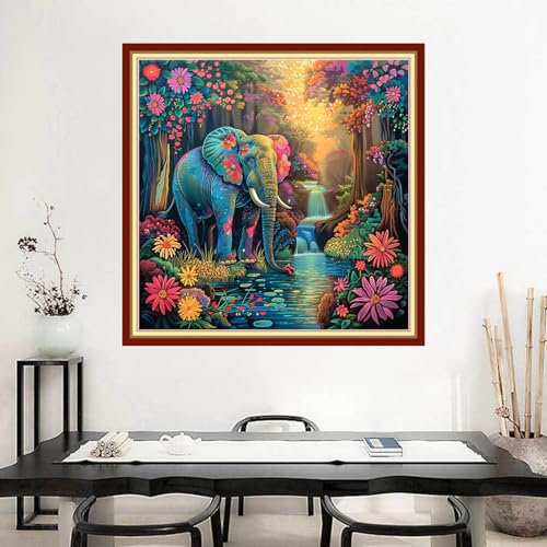 Image of Joyhoor Stamped Cross Stitch Kits for Beginners Needlepoint Kits for Adults Embroidery Kits 11CT Counted Cross Stitch Kits Printed Embroidery Pattern-Forest Elephant 18x18 inchs