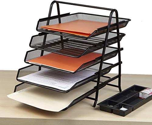 Image of PRANIJ Metal Mesh 5 Tier Desk Organiser A4 Paper File Rack Letter Tray Document Holder For Office, Black