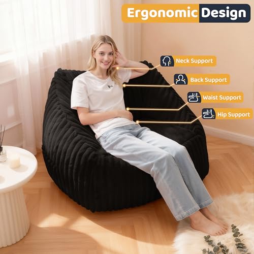 Image of Bean Bag Chair, Giant Bean Bag Chairs for Adults and Kids, Bean Bag Sofa, Lazy Floor Sofa, Faux Fur Beanbag Chair with Armrests for Living Room Bedroom (Black)