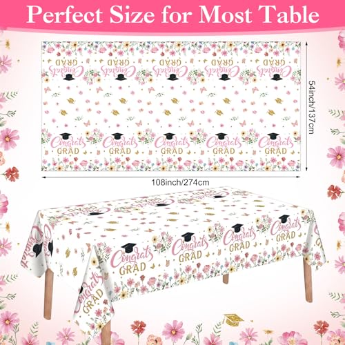 Image of Ganeen 3 Pcs Graduation Tablecloth Floral Class of 2026 Congrats Grad Table Cloths Pink Disposable Plastic Rectangle Table Cover for 2026 Graduation Decorations Grad Party Supplies, 54 x 108 Inch