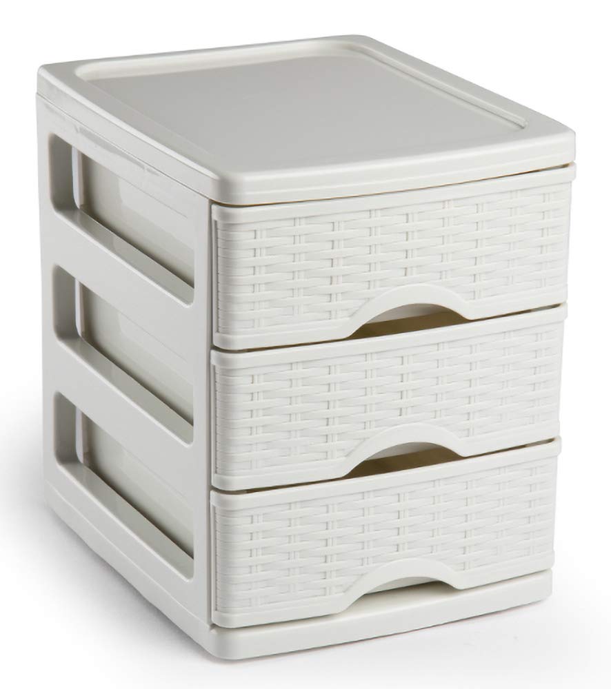 Tradineur - Cajonera de sobremesa, plástico, 3 cajones, 17 x 13,5 x 17 cm, modelo Turia, efecto mimbre, torre almacenaje multiusos, organizador auxiliar, escritorio, baño, oficina, color aleatorio
