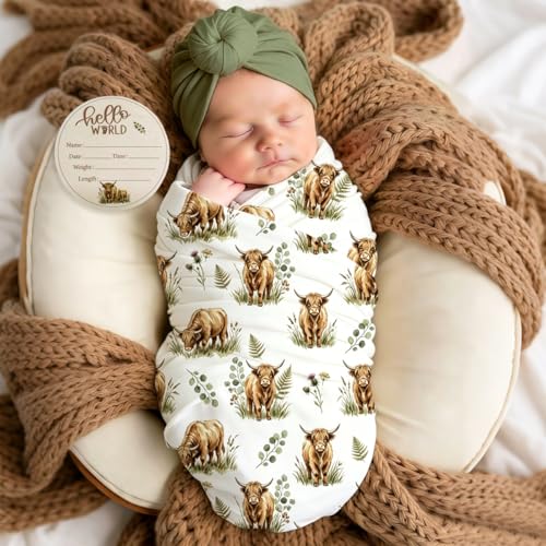 Image of Ylsteed Baby Highland Cow Swaddle Blanket and Headband Set, Newborn Receiving Blanket Swaddle Wrap for Girls and Boys, Swaddling Blankets Neutral for Newborn 32 * 32 in