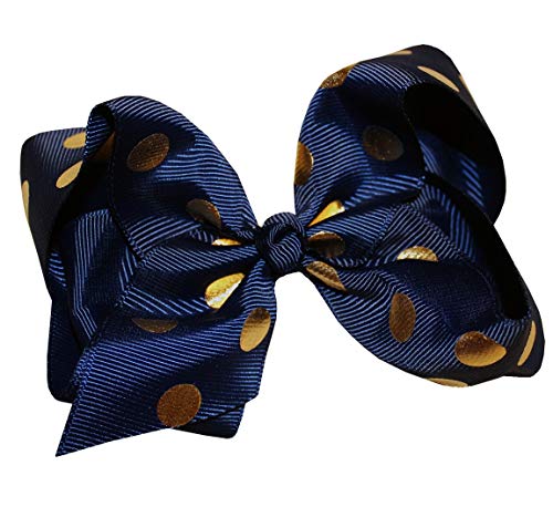 Wd2U Girls 6" Large Polka Dotted Grosgrain Boutique Hair Bow Alligator Clip Usa Navy Gold #TOP7