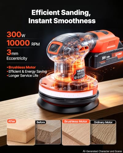 Image of VEVOR 5-Inch Cordless Random Orbital Sander 300W Brushless Orbital Sander