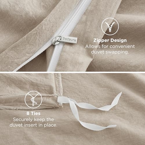 Bedsure 100% Washed Cotton Duvet Cover Full Size - Oatmeal Minimalist Cotton Duvet Cover Linen Like for All Seasons - GentleSoft™ Plain Simple Bedding (Oatmeal, Full, 80"x90")