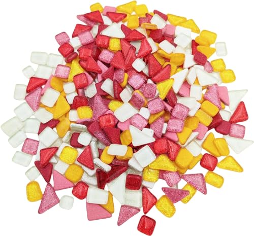500 g zufällige unregelmäßige Glitzer-glänzende Glasmosaikfliesen zum Basteln, Großpackung, Glasmosaik-Stück-Set für Tassen, Bilderrahmen, Heimdekoration, DIY-Kunstprojekte (Mix Rot, Gelb, Weiß)
