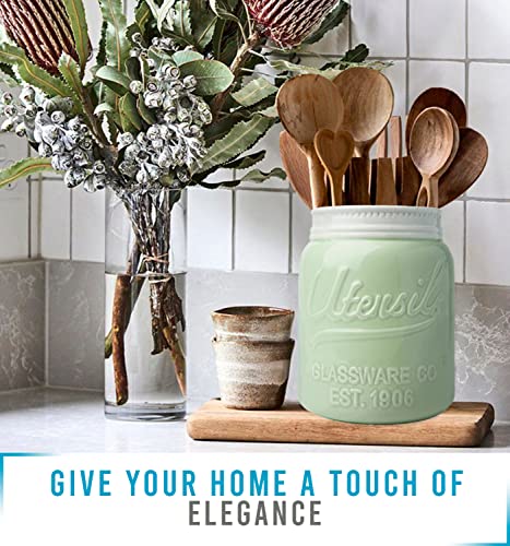 Comfify Wide Mouth Mason Jar Utensil Holder Decorative Kitchenware Organizer Crock, Chip Resistant Ceramic, Dishwasher Safe - Kitchen Caddy Green, Large Size 7" High #TOP4