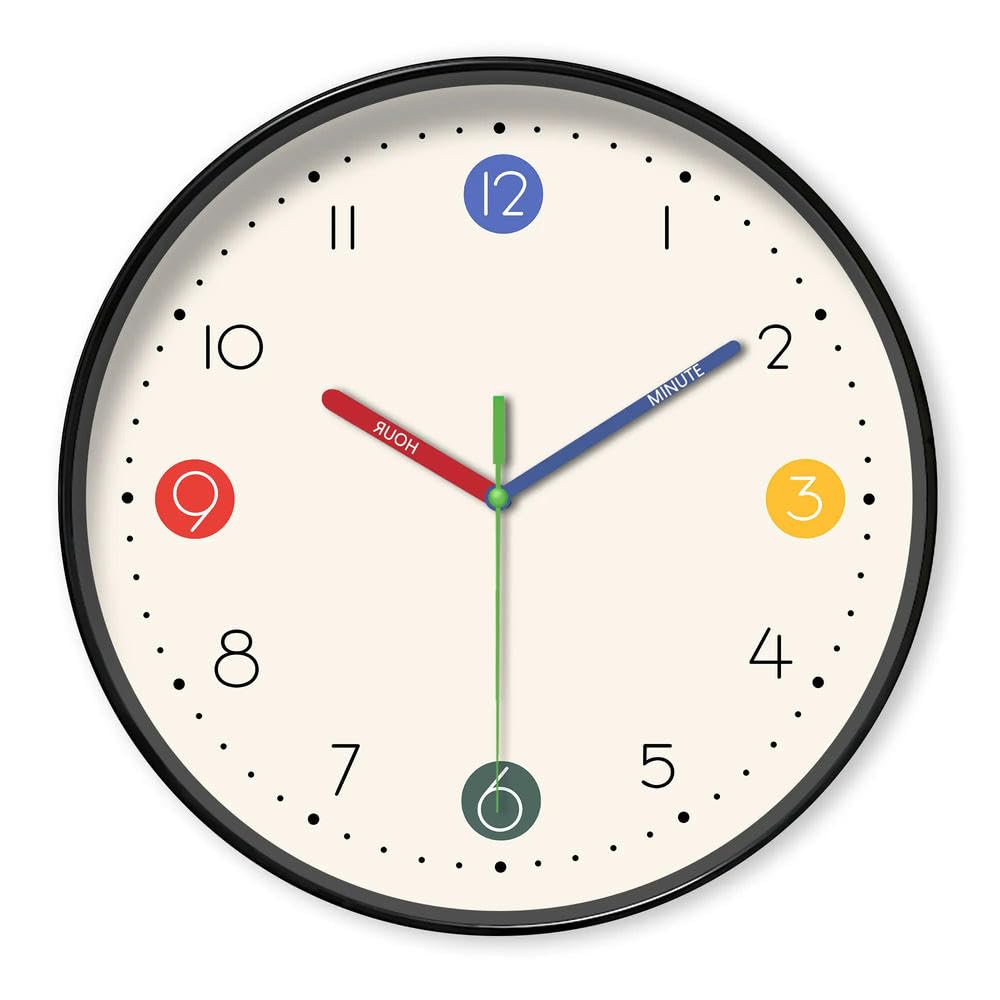 NYSDM Eine einfache beige und weiße Wanduhr mit bunten Zeigern und niedlichem digitalem Design, 25,4–40,6 cm, rund, silberfarben