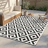 FH Home Outdoor Camping Rug - Waterproof, Fade Resistant, Reversible - Premium Recycled Plastic - Geometric - Large Patio, Deck, Sunroom, RV - Aztec - Black & White - 9 x 12 ft Foldable