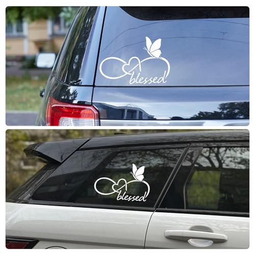 Image of Blessed Butterfly Infinity Heart Decal - 8.6 inch x 5.8 inch Waterproof Vinyl Sticker for Car, Truck, Window, Bumper, Laptop, Wall (White)