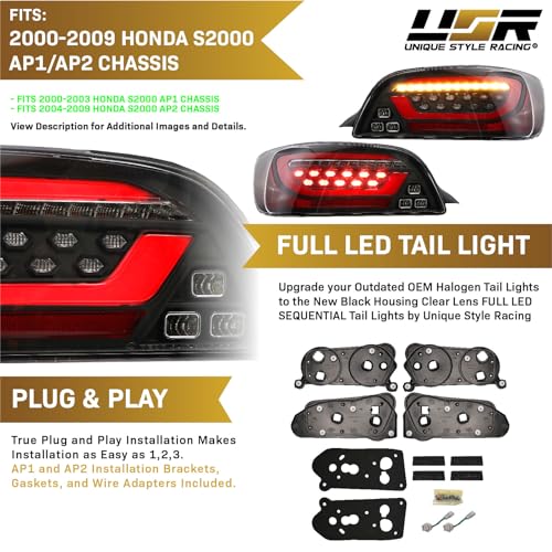 USR DEPO 00-09 S2000 Roadster JDM Style Full LED Black Housing Sequential LED Signal Clear Lens Tail Light Bar Set (Left + Right) Compatible with 2000-2009 Honda S2000 AP1/AP2 - Image 5