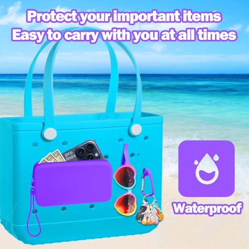 Image of Mity rain Silicone Wallet for Bogg Bag Phone Holder, Accessories Set for Bogg Bag Contain 2PCS Key Holder and a Large Capacity Silicone Zipper Bag for Beach Bags Tote Bag (Dark Purple)